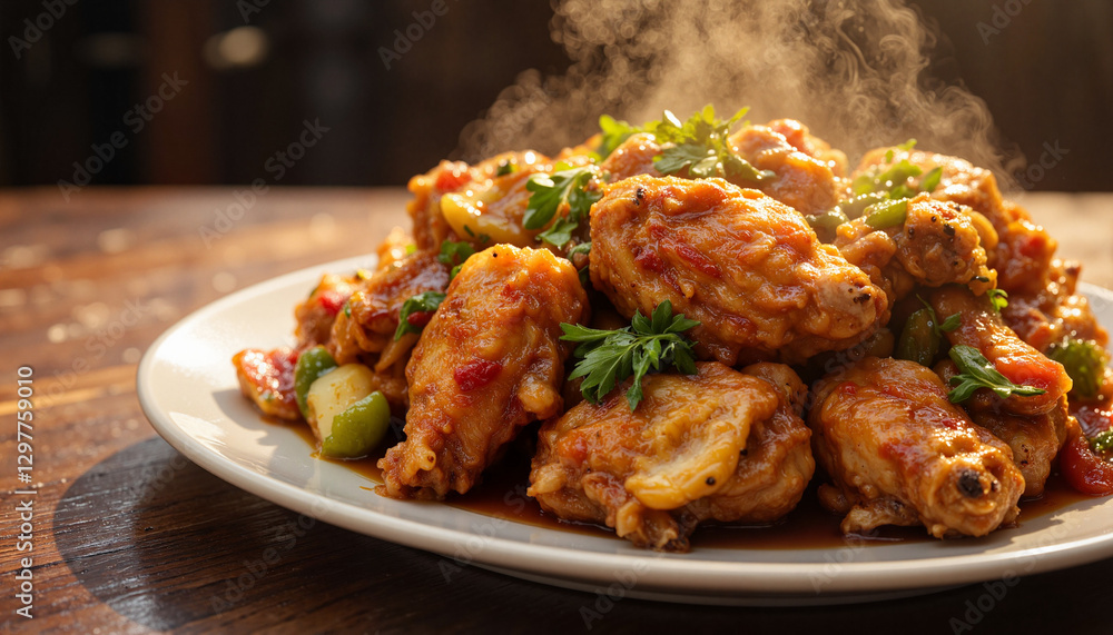 Delicious steaming chicken wings on wooden table Delicious steaming chicken wings on wooden table