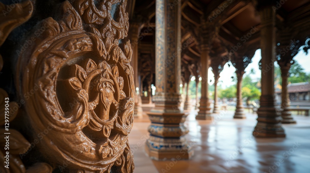 Fototapeta premium Intricate Temple Carvings with Soft Lighting