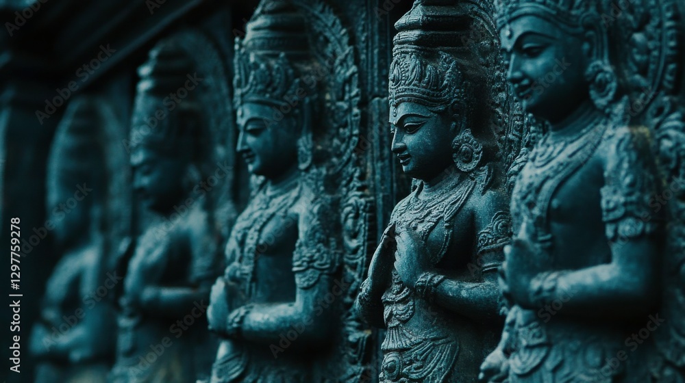 Ornate Deities in Sacred Temple Courtyard Ornate Deities in Sacred Temple Courtyard