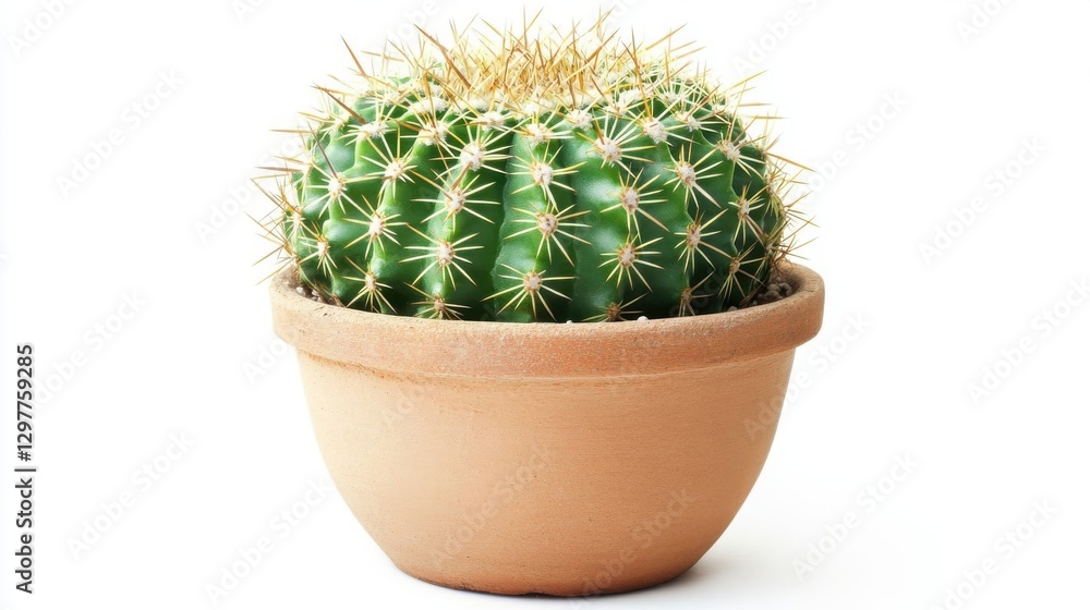 Green Cactus With Sharp Spikes In A Brown Ceramic Pot Green Cactus With Sharp Spikes In A Brown Ceramic Pot