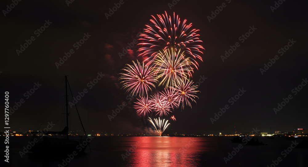 Red & Gold Fireworks Display over Calm Water at Night Red & Gold Fireworks Display over Calm Water at Night