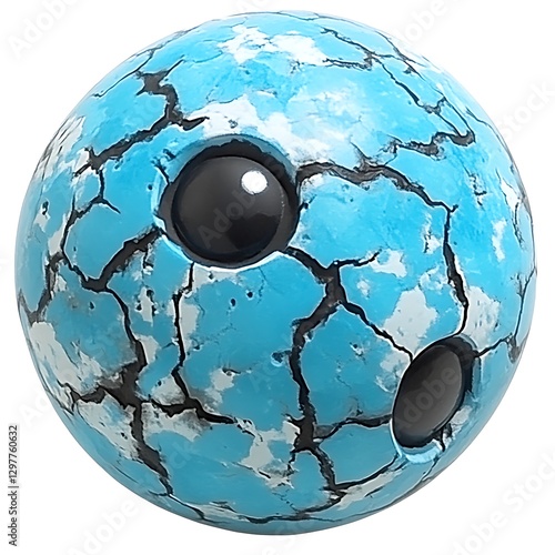 Cracked blue ceramic ball with black inset eyes