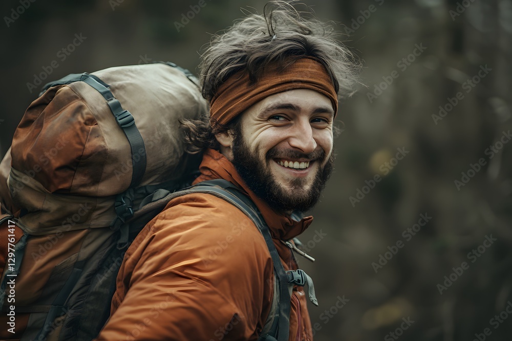 Obraz premium Happy Male Hiker with Backpack Smiling Outdoors in Nature Autumnal Forest