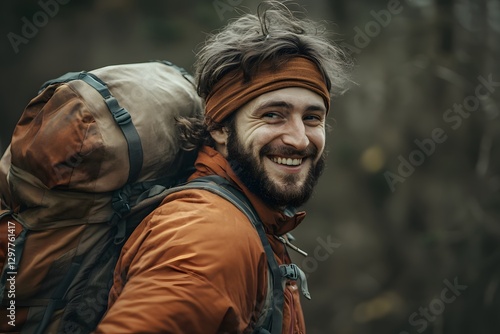 Wallpaper Mural Happy Male Hiker with Backpack Smiling Outdoors in Nature Autumnal Forest Torontodigital.ca