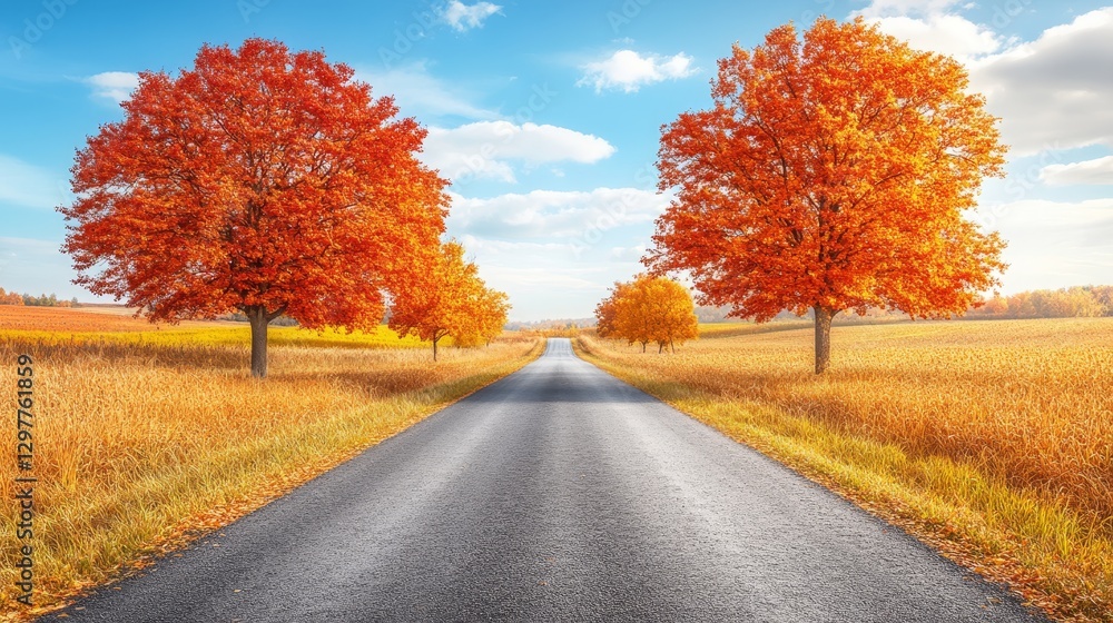 Naklejka premium Scenic autumnal road framed by vibrant foliage showcasing nature's beautiful transition and seasonal color palette harmony