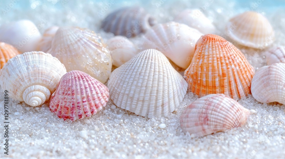 Seashells on beach sand, summer vacation background Seashells on beach sand, summer vacation background