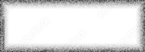 Halftone rectangle grain frame. Black comic dotted border. Pop art fading gradient frame backdrop. Black and white grunge abstract framing background. Dot texture graphic design wallpaper. Vector