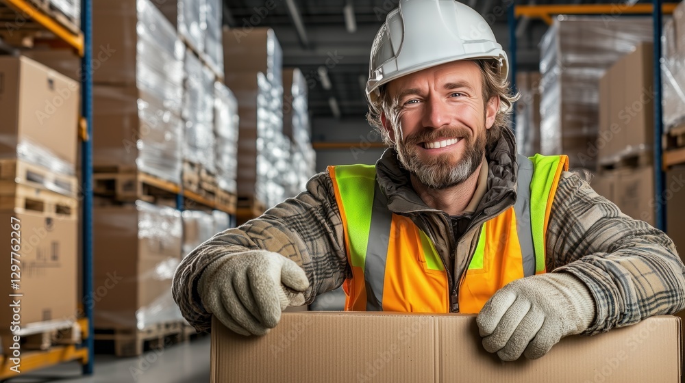Confident warehouse worker wearing a hard hat and safety vest stands beside a cardboard box, surrounded by stacked pallets in a busy storage facility during daylight Confident warehouse worker wearing a hard hat and safety vest stands beside a cardboard box, surrounded by stacked pallets in a busy storage facility during daylight