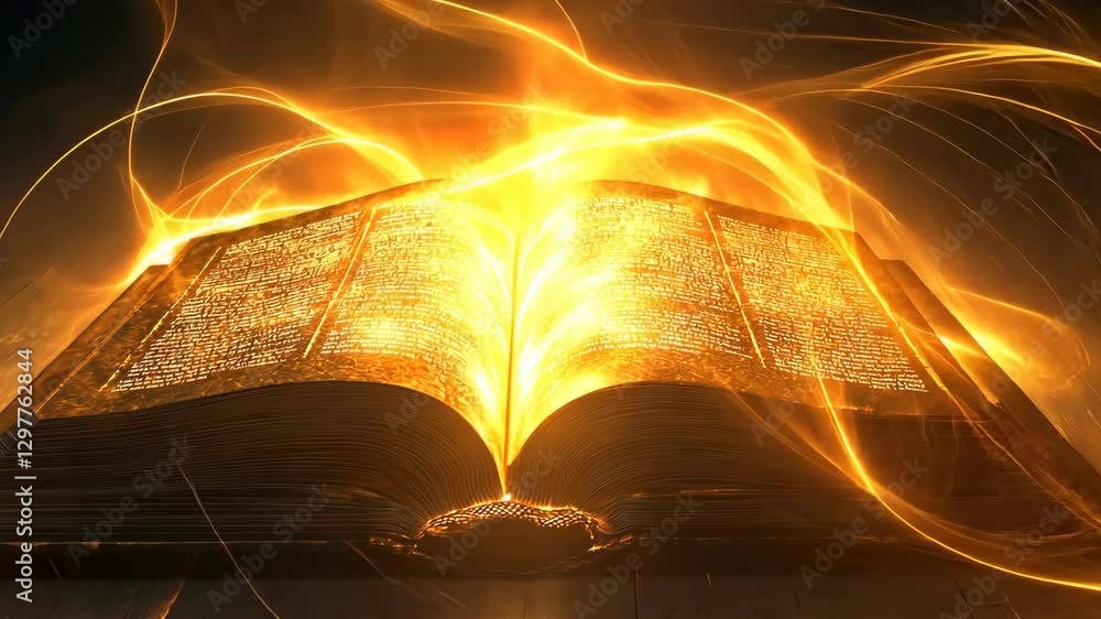 An ancient book bursts into flames, revealing glowing text and swirling energy in a mystical display of magic