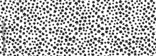 Tiny black flowers seamless pattern. Monochrome ditsy repeated pattern. Floral background for textile print, fabric swatch, dress ornament, clothes design ornament. Cute romantic wallpaper. Vector