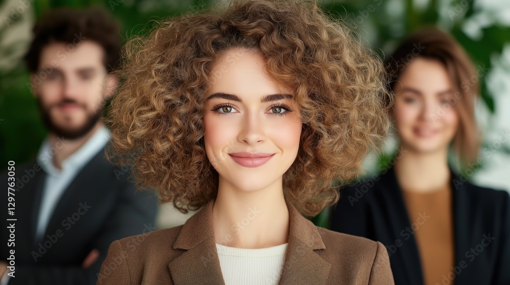 confident woman with curly hair stands in the foreground, smiling, while two colleagues are slightly blurred behind her. setting is a contemporary office with greenery confident woman with curly hair stands in the foreground, smiling, while two colleagues are slightly blurred behind her. setting is a contemporary office with greenery