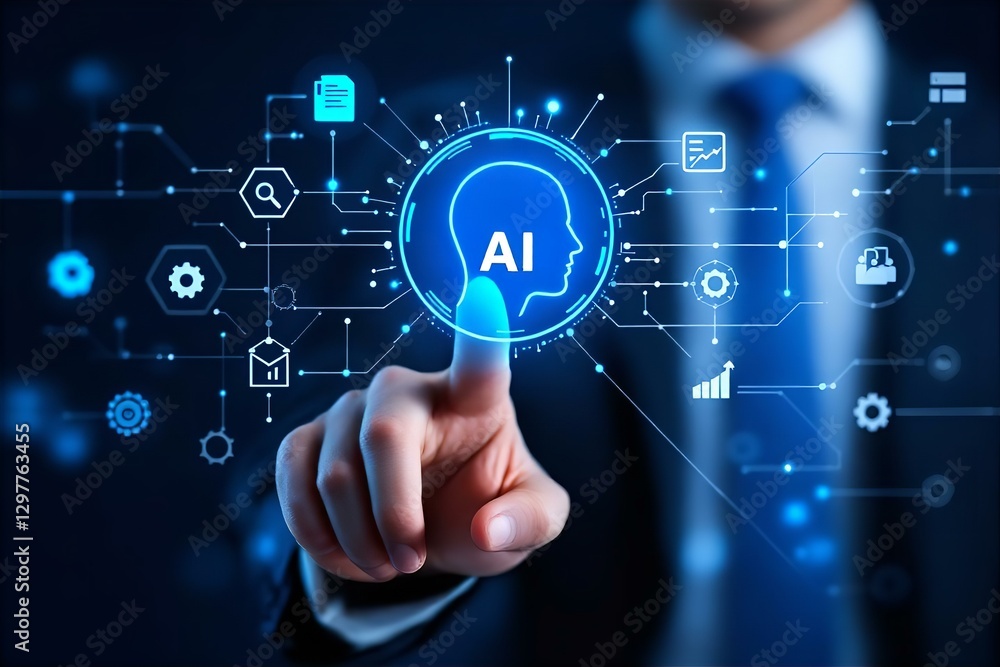 AI Technology Concept: Businessman Tapping Artificial Intelligence Interface with Digital Network Icons - Future of Business & Innovation AI Technology Concept: Businessman Tapping Artificial Intelligence Interface with Digital Network Icons - Future of Business & Innovation