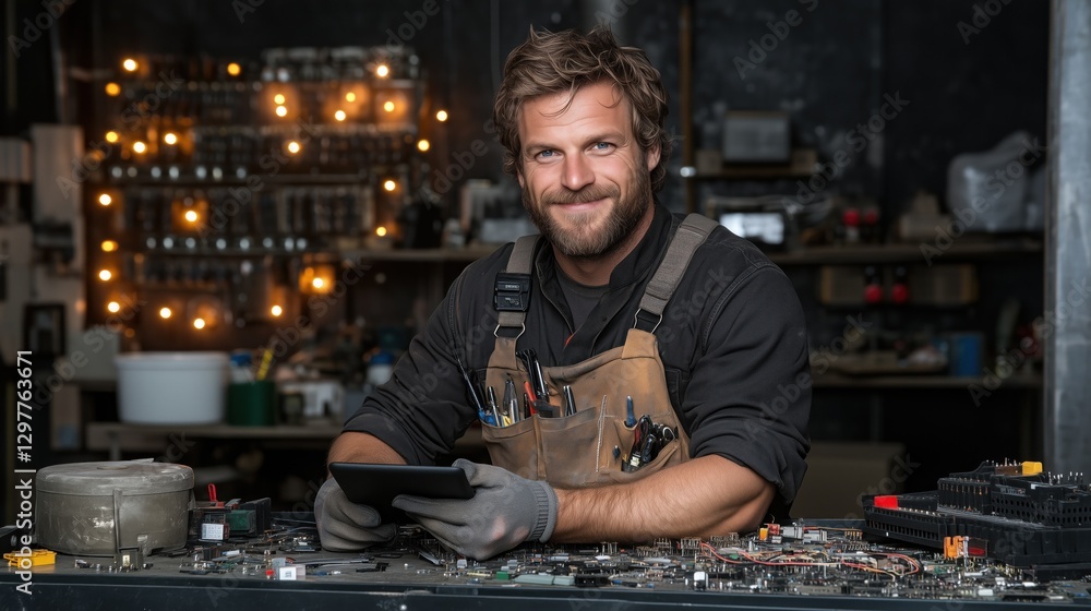 technician wearing gloves and a work apron smiles while holding a tablet in a workshop filled with tools and electronic parts. soft glow of lights adds a warm atmosphere to the space technician wearing gloves and a work apron smiles while holding a tablet in a workshop filled with tools and electronic parts. soft glow of lights adds a warm atmosphere to the space