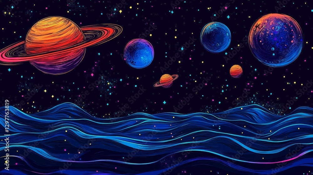 Naklejka premium Retro pixelated fantasy landscape of celestial bodies over cosmic water with twinkling stars bringing back nostalgic 8 bit visuals