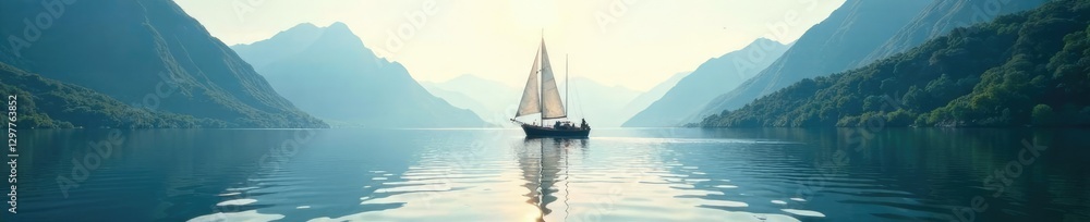 Sailing ship sailing through calm waters of a lake or fjord, peaceful waters, lake scenery, Sailing ship sailing through calm waters of a lake or fjord, peaceful waters, lake scenery,