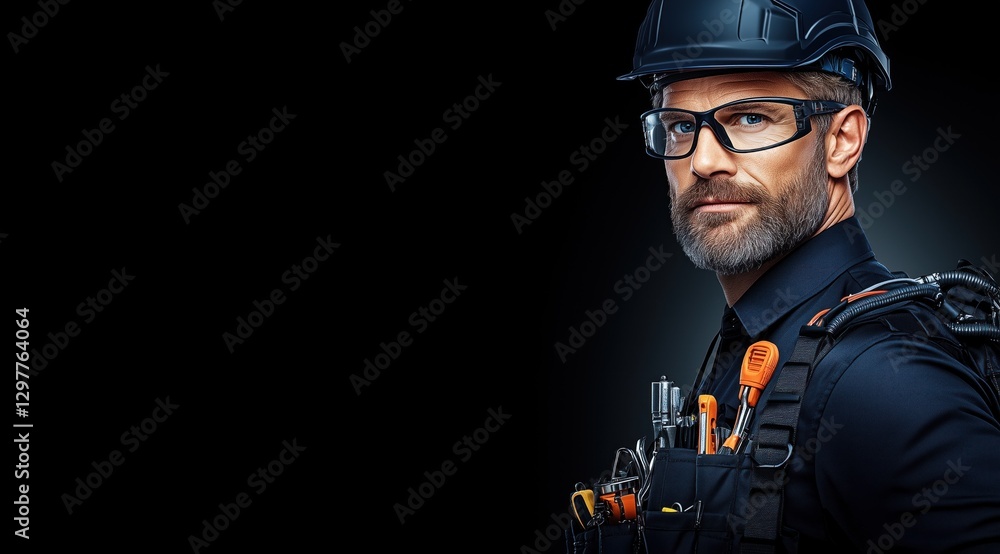Fototapeta premium skilled worker wearing a hard hat and protective glasses stands confidently, showcasing various tools attached to his safety vest, illustrating readiness for work in a low-light environment