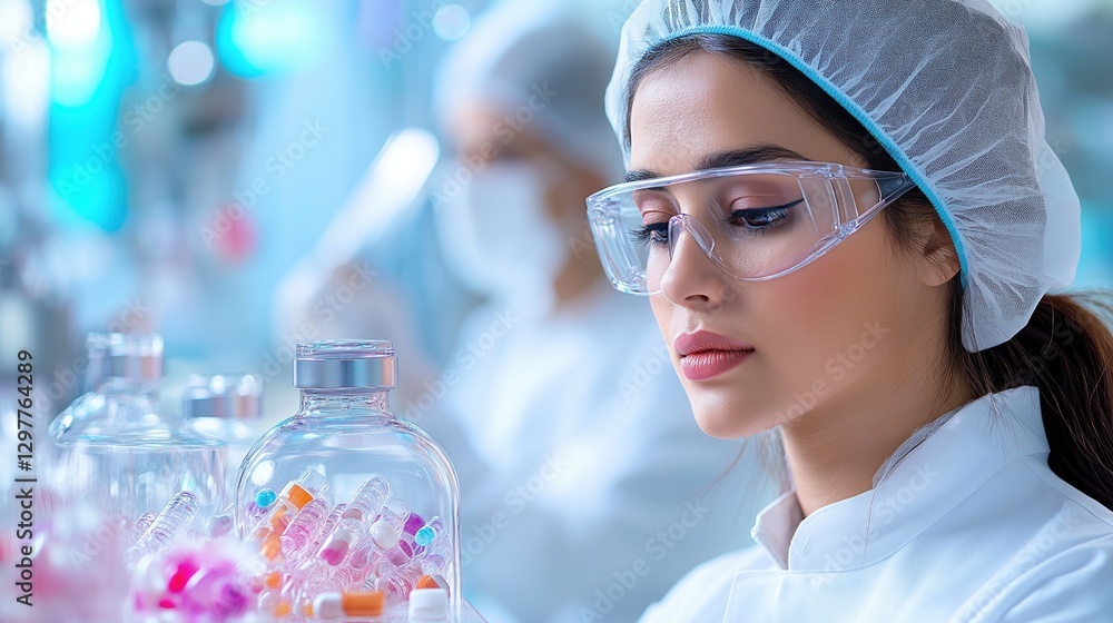 scientist wearing safety glasses and a hairnet examines glass containers filled with colorful substances while working in a busy laboratory setting with colleagues scientist wearing safety glasses and a hairnet examines glass containers filled with colorful substances while working in a busy laboratory setting with colleagues