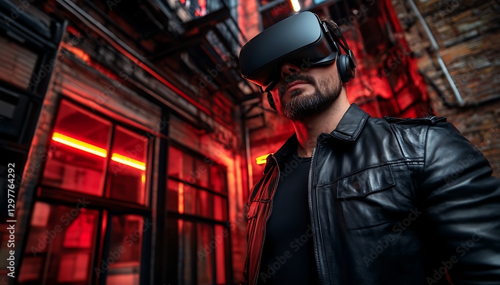 Obraz premium Man VR alley neon night gaming