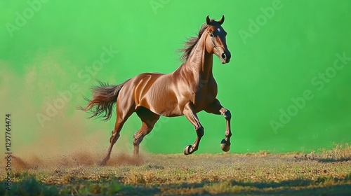 Magnificent chestnut horse galloping freely on a bright green background