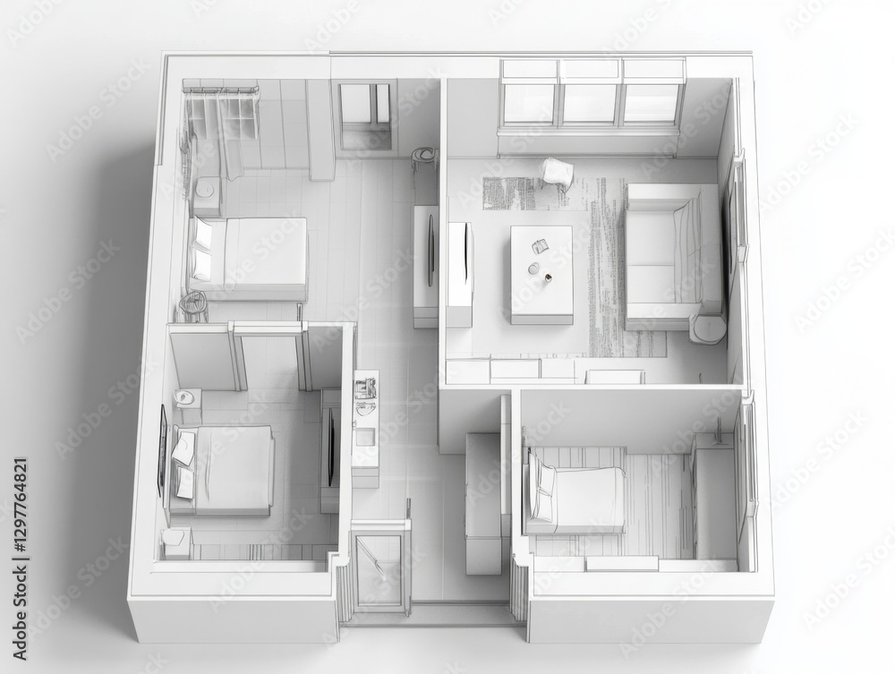 Monochromatic 2 Bedroom Apartment Floor Plan, Interior Design Monochromatic 2 Bedroom Apartment Floor Plan, Interior Design
