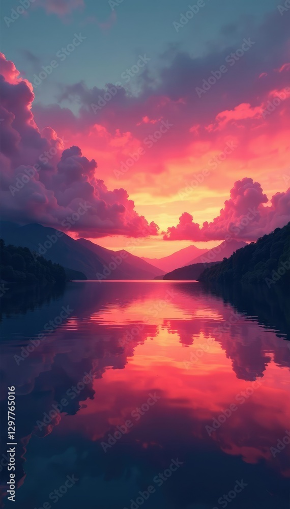 Fototapeta premium Soft red clouds float gently above a serene lake during sunset, clouds, lake, peaceful