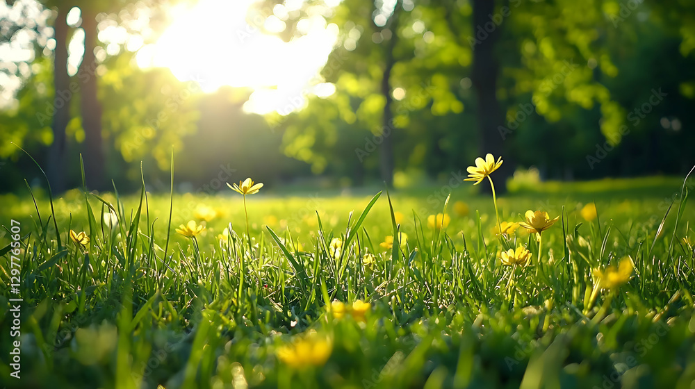 Fototapeta premium Close Up View Of Vibrant Green Grass And Yellow Flowers With Sunlight In The Park