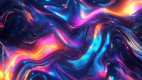 futuristic neon holographic background with swirling colors and metallic textures that pulse with an electric glow