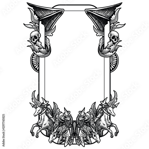 Heraldic frame with horses. Black and white engraved ink art
