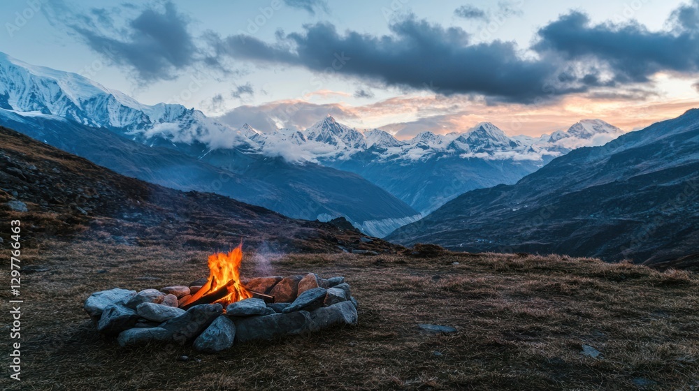 Fototapeta premium A high-altitude camping spot with a firepit, surrounded by rugged mountain scenery