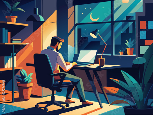 Modern Home Office: Man Working at Night in Cozy Minimalist Setting with Laptop and Plants