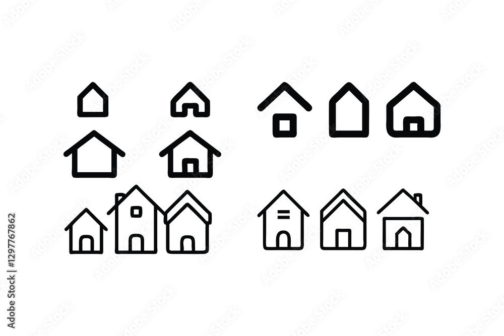 Simple Black Line Art House Icons for Real Estate or Design Simple Black Line Art House Icons for Real Estate or Design