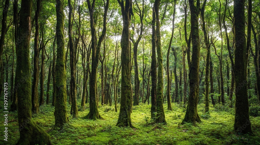 hidden rain tree grove deep in the forest, with moss covering the trunks and branches, and dappled sunlight filtering through the thick canopy hidden rain tree grove deep in the forest, with moss covering the trunks and branches, and dappled sunlight filtering through the thick canopy