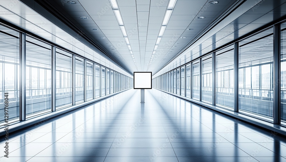 Brightly Lit Modern Office Corridor with Reflective Glass Walls Brightly Lit Modern Office Corridor with Reflective Glass Walls