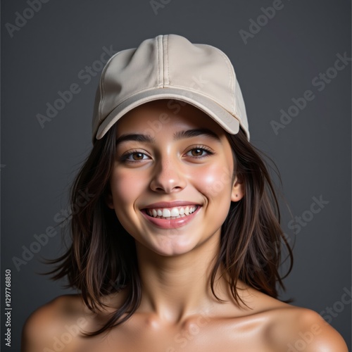 A Young Female with Brown Hair and a Cap, Smiling Brightly Against a Neutral Grey Background Reflecting Natural Traits and Confidence photo