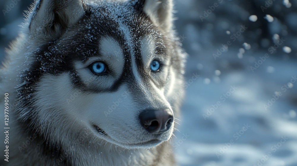 Obraz premium Close-up of a majestic husky with striking blue eyes in a snowy landscape, capturing the beauty of winter and wildlife.