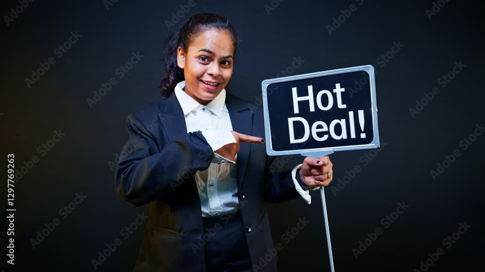 Lady in suit holds hot deal Signboard with bright smile Lady in suit holds hot deal Signboard with bright smile