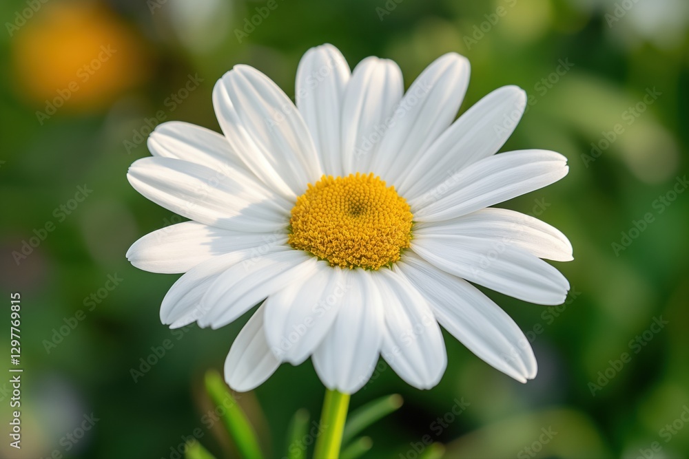 Fototapeta premium Close-up of a beautiful white daisy flower with bright yellow center surrounded by lush green foliage in natural light. Macro backdrop concept.