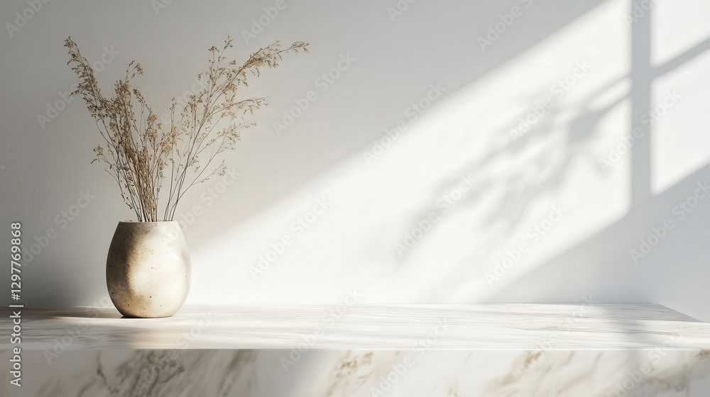 marble tabletop, softly reflecting daylight, forming artistic abstract shadow effects on a neutral white wall. marble tabletop, softly reflecting daylight, forming artistic abstract shadow effects on a neutral white wall.