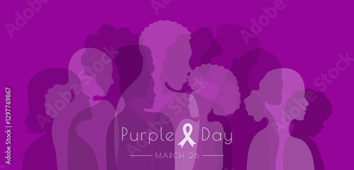 Purple Day Epilepsy Awareness banner template. Violet colors silhouette of diversity people. Different nationalities, genders and ages human profile. Poster cover card info web.