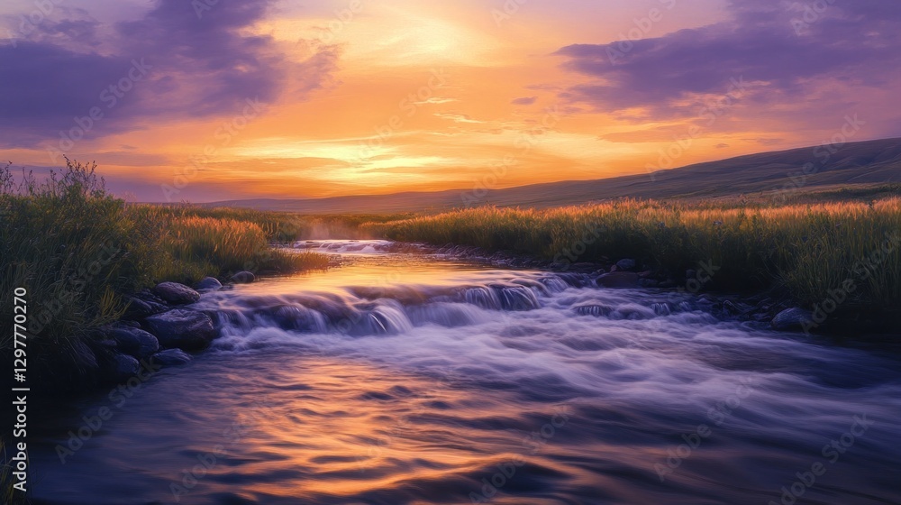 Golden Hour Serenity, A Tranquil River Flowing Under a Vibrant Sunset Golden Hour Serenity, A Tranquil River Flowing Under a Vibrant Sunset