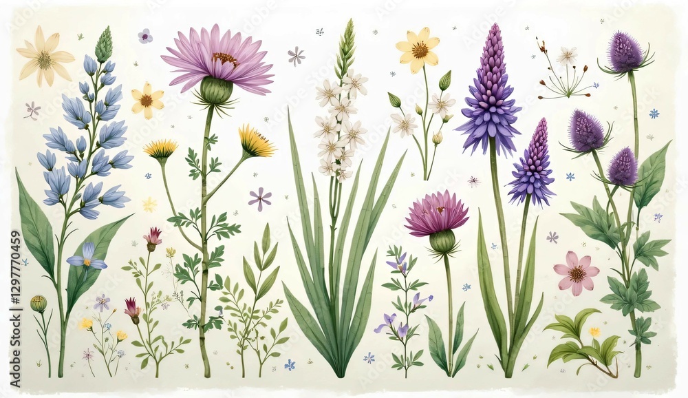 Hand-painted watercolor illustrations of fragrant wildflowers and medicinal herbs such as echinacea Hand-painted watercolor illustrations of fragrant wildflowers and medicinal herbs such as echinacea