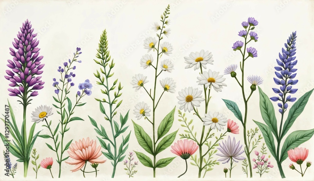 Hand-painted watercolor illustrations of fragrant wildflowers and medicinal herbs such as echinacea Hand-painted watercolor illustrations of fragrant wildflowers and medicinal herbs such as echinacea