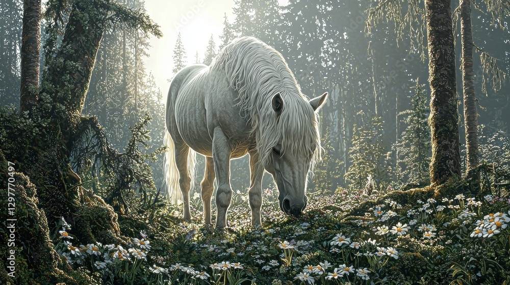A white horse grazes in a forest, surrounded by tall trees and a field of white flowers. A white horse grazes in a forest, surrounded by tall trees and a field of white flowers.
