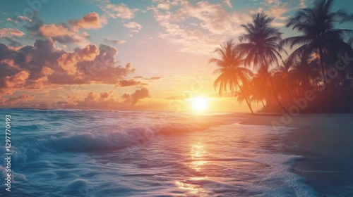 Tranquil sunset over the ocean with palm trees
