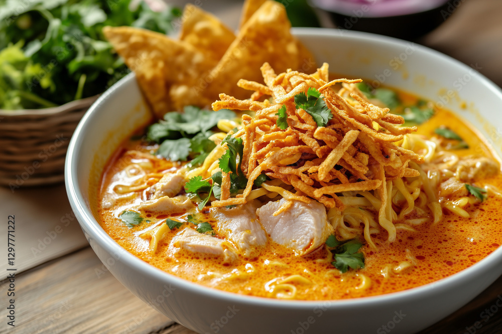 Khao Soi, Northern Thai coconut curry noodle soup with chicken or beef, topped with crispy noodles Khao Soi, Northern Thai coconut curry noodle soup with chicken or beef, topped with crispy noodles