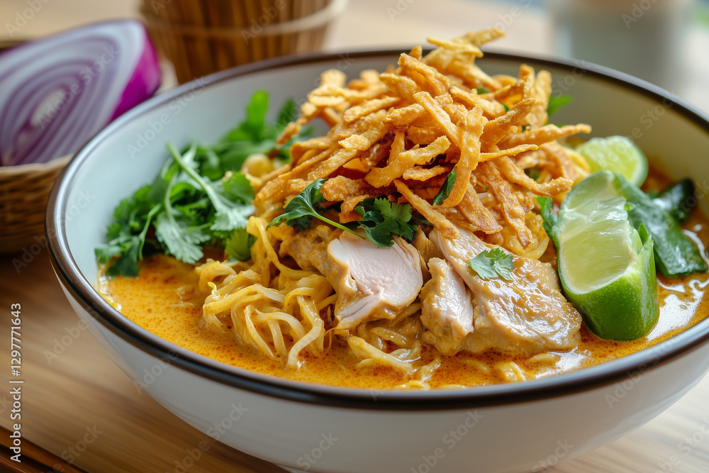 Khao Soi, Northern Thai coconut curry noodle soup with chicken or beef, topped with crispy noodles Khao Soi, Northern Thai coconut curry noodle soup with chicken or beef, topped with crispy noodles