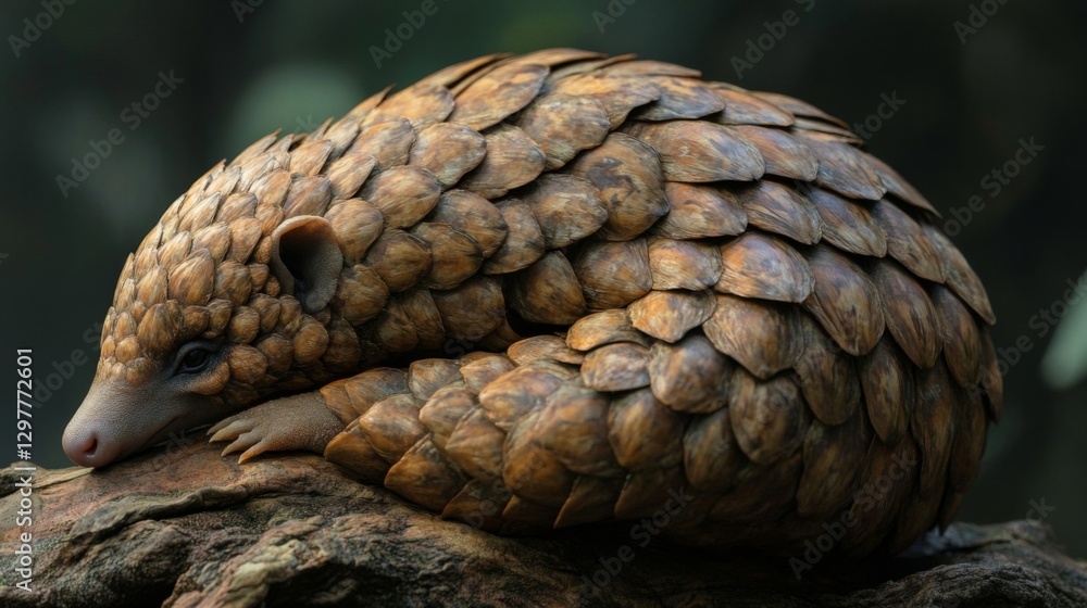 A serene close-up of a curled pangolin resting on a log, showcasing its unique scales in a lush, green environment. A serene close-up of a curled pangolin resting on a log, showcasing its unique scales in a lush, green environment.