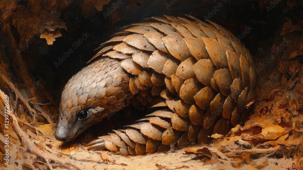 A serene close-up of a curled pangolin nestled in its natural habitat, showcasing its unique scales and peaceful demeanor. A serene close-up of a curled pangolin nestled in its natural habitat, showcasing its unique scales and peaceful demeanor.