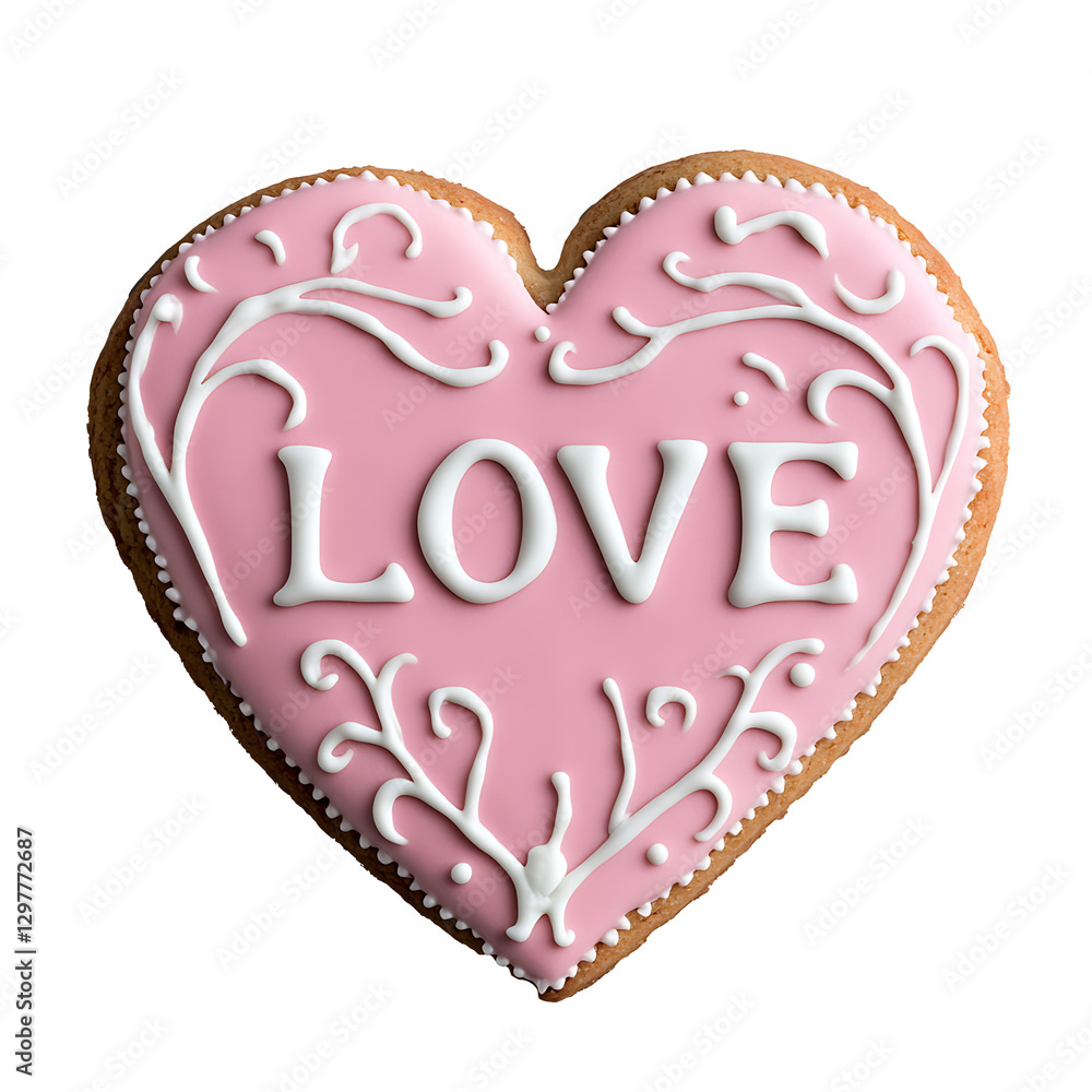 Pink heart shaped cookie with word LOVE on white background. Valentine's day celebration.PNG Pink heart shaped cookie with word LOVE on white background. Valentine's day celebration.PNG