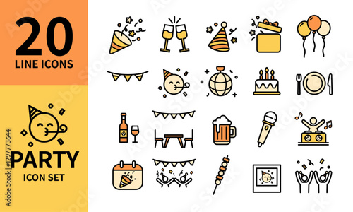 Party Celebration Icons: A Simple Set of Vector Line Icons Featuring Party Supplies, Gift Box, Balloons, Garland, Party Schedule, DJing, Skewers, and Tableware
